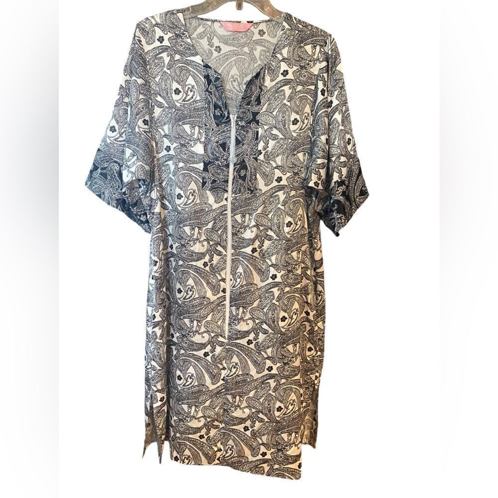 Natori Sz M/L Black White Paisley Print 1/2 Front Zip 3/4 Sleeve Loungewear Robe